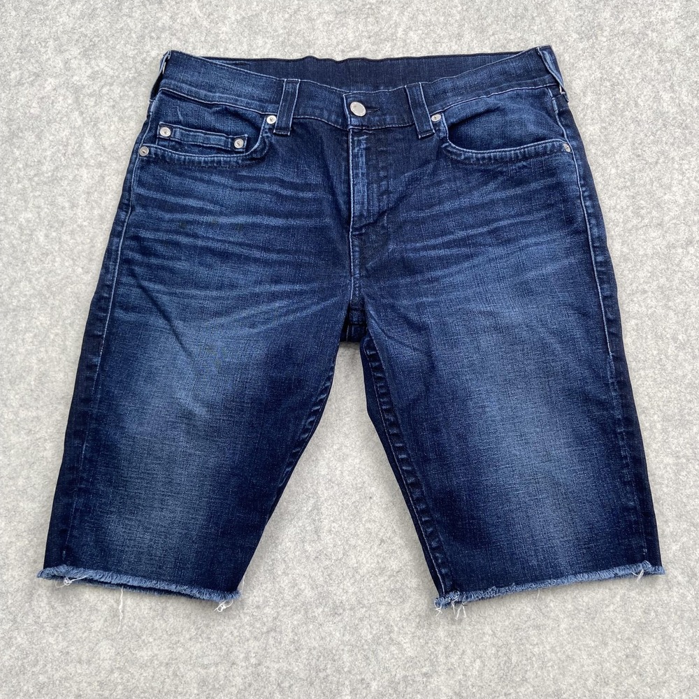 True Religion Denim Shorts Mens 36 (36x12) Blue Ricky Cutoff Frayed Hem *STAIN*